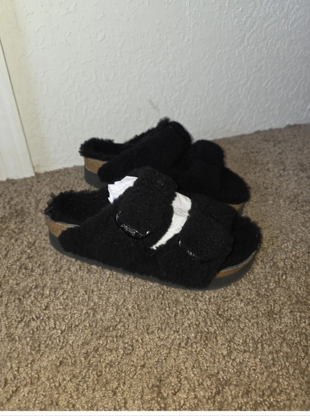 Birkenstock Papillio Arizona Teddy Shearling Fur Platform Sandals Black